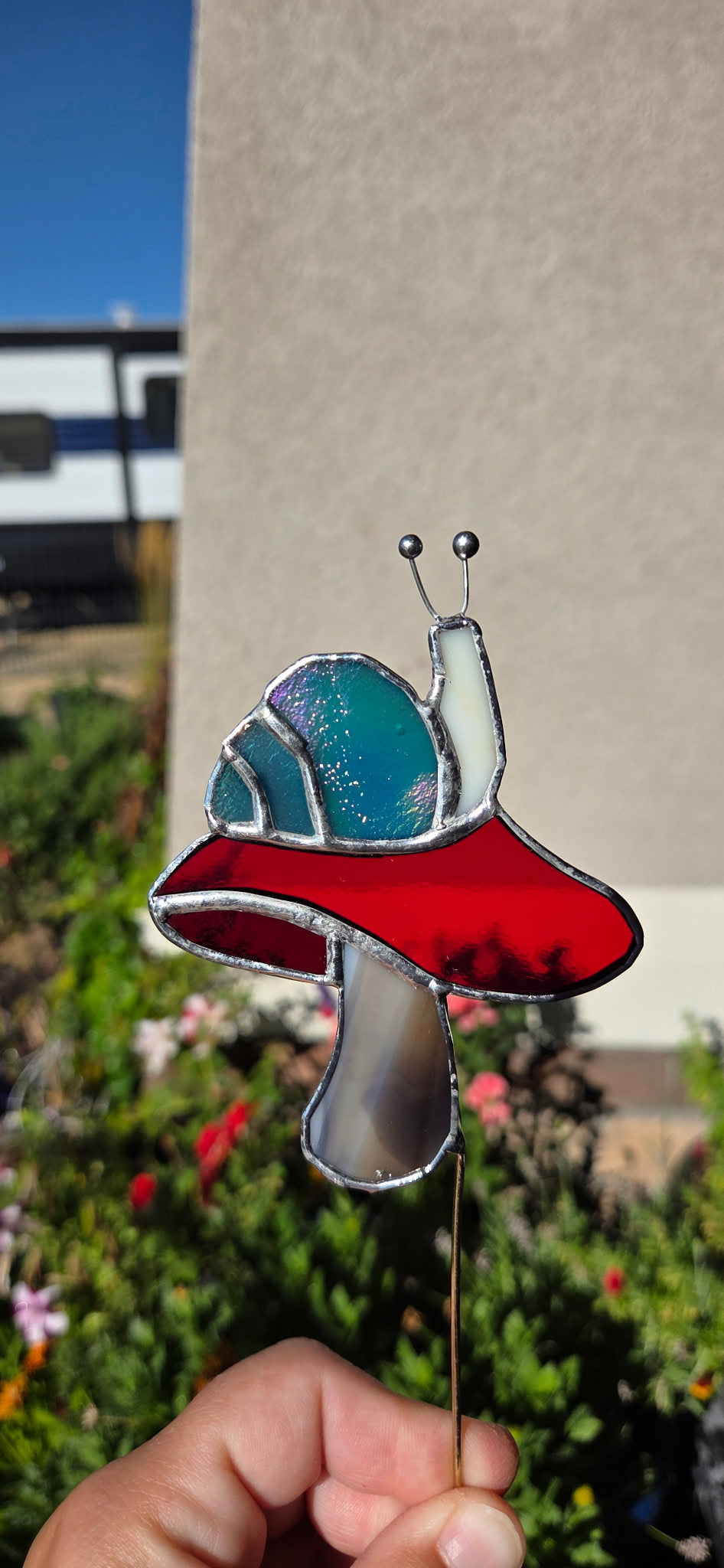 Snail on Mushroom Stained Glass Plant Stake