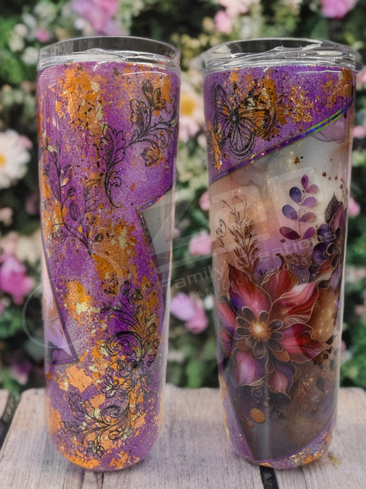 20oz Glitter Floral Tumbler – Purple, Gold & Botanical Elegance