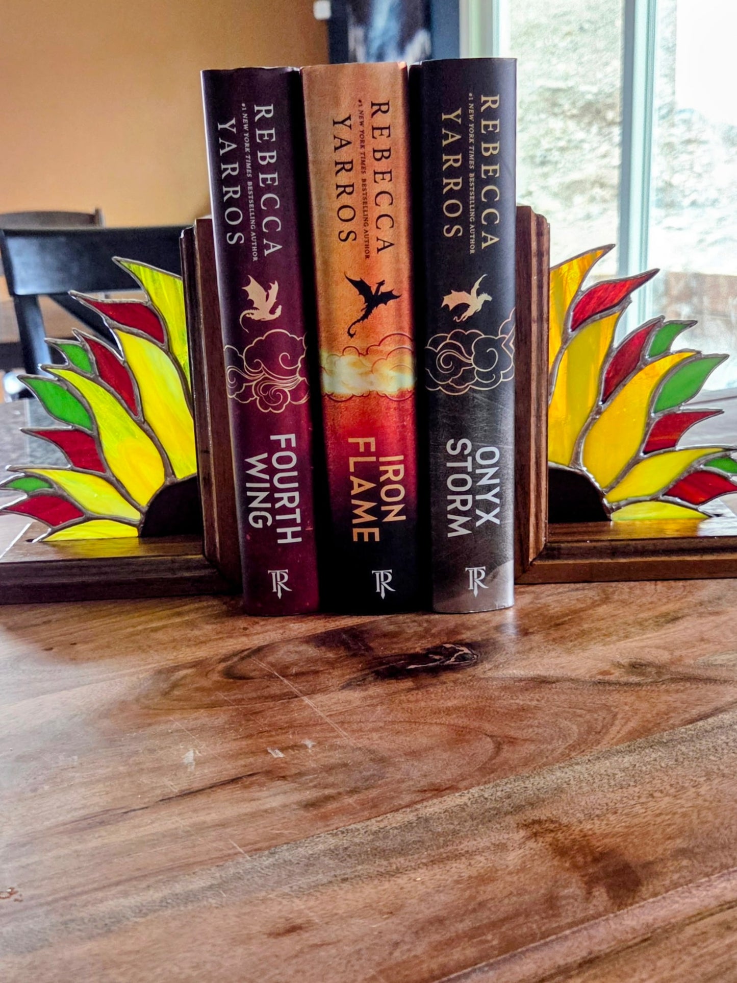 Oak Sunflower Stained Glass Bookend Set