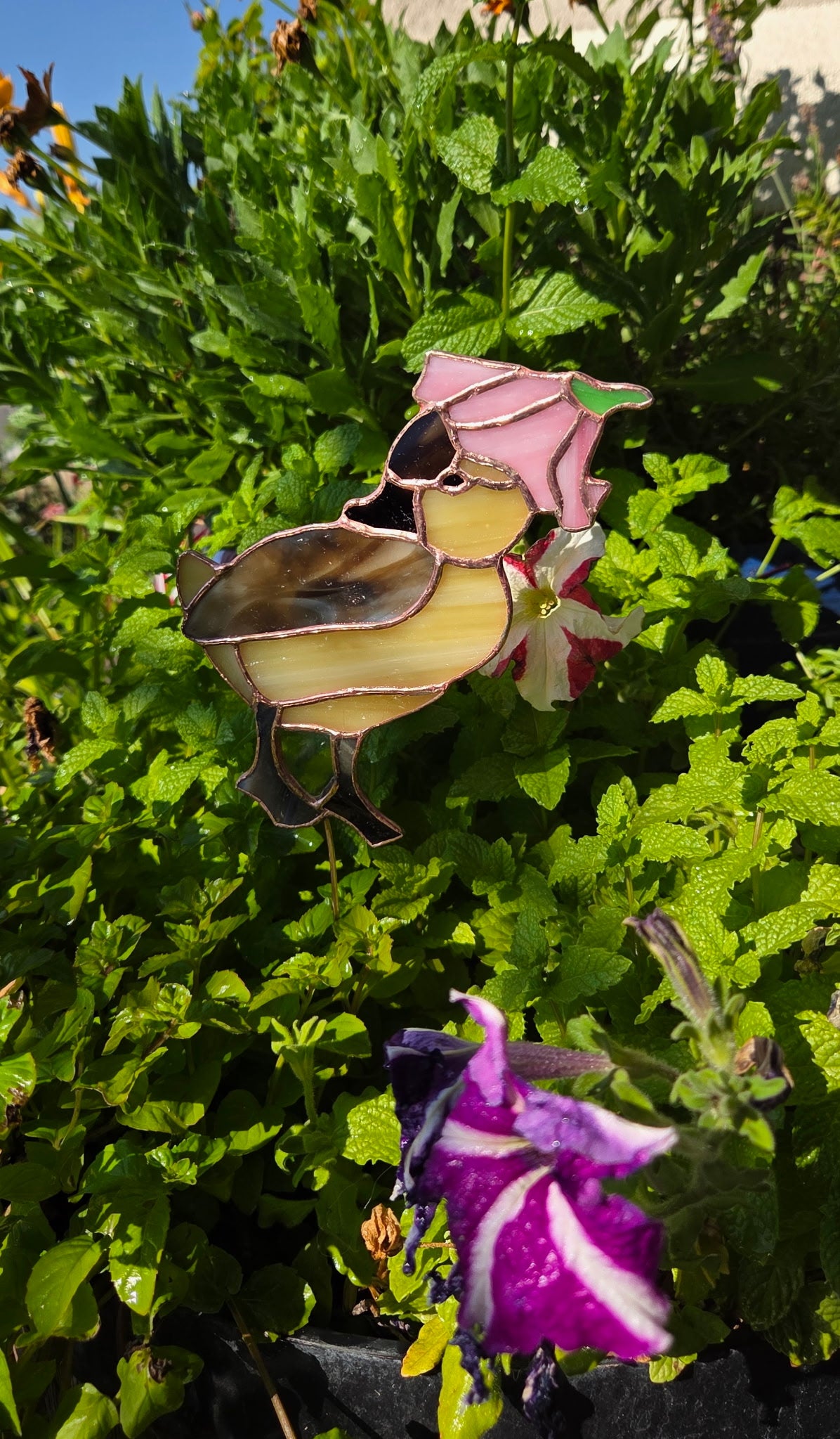 Duck Stained Glass Plant Stake with Flower